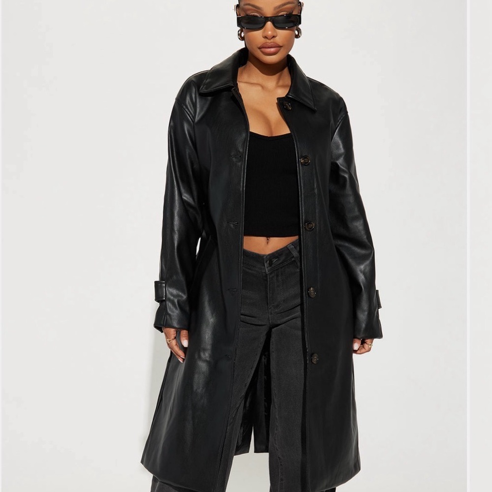 Fashion Nova Black Faux Leather Trench Coat